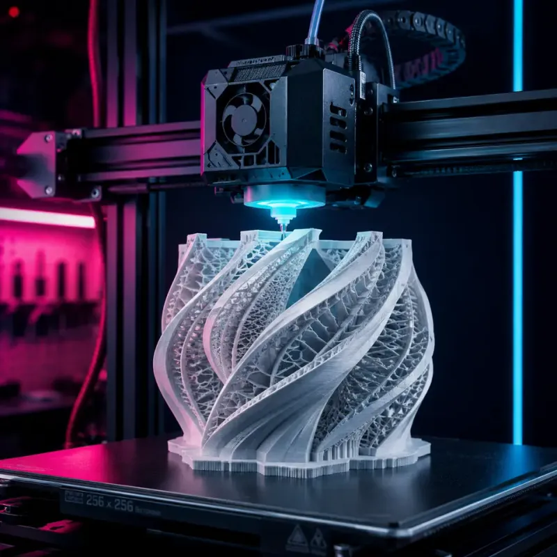 FDM printer producing a complex white lattice under cyan and magenta light