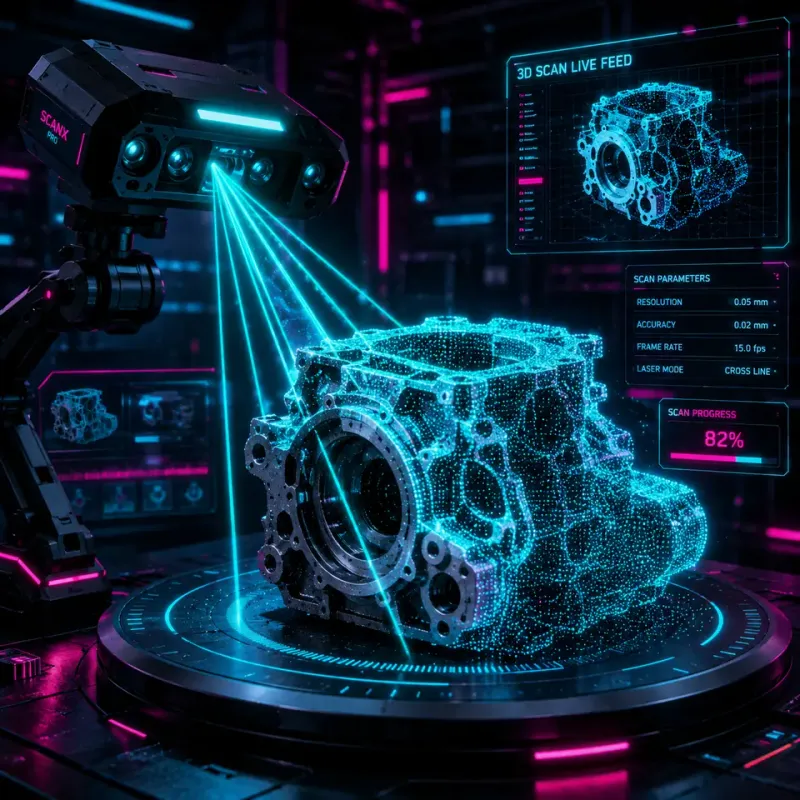 Cyan scanning beams capturing an engine component as a digital point cloud