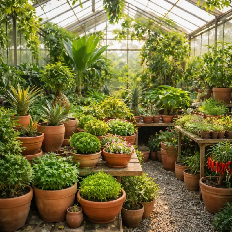 Long-season plants growing among terracotta containers beneath greenhouse glazing