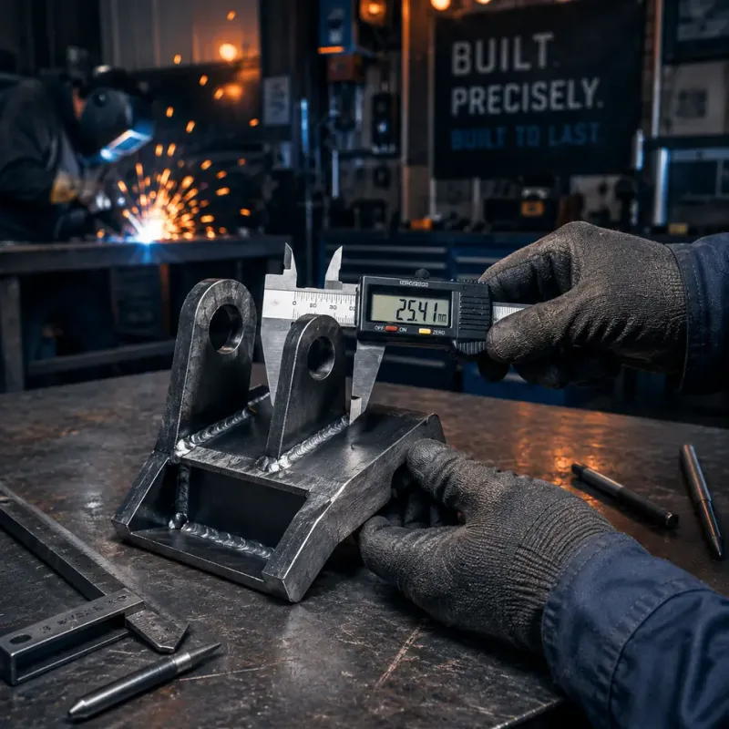 Fabricator measuring a newly assembled steel component on a workbench