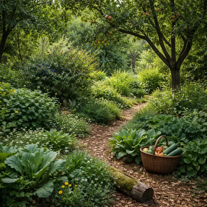 Established food forest path winding through trees, shrubs, and groundcover