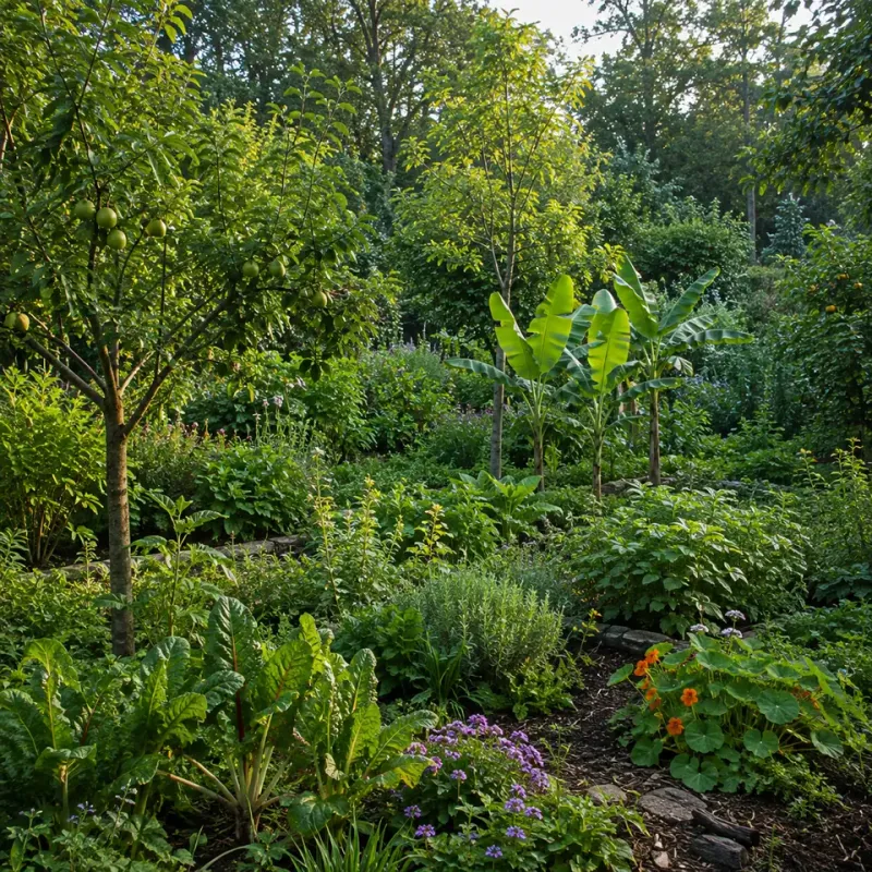 Young fruit trees surrounded by layered edible understory planting