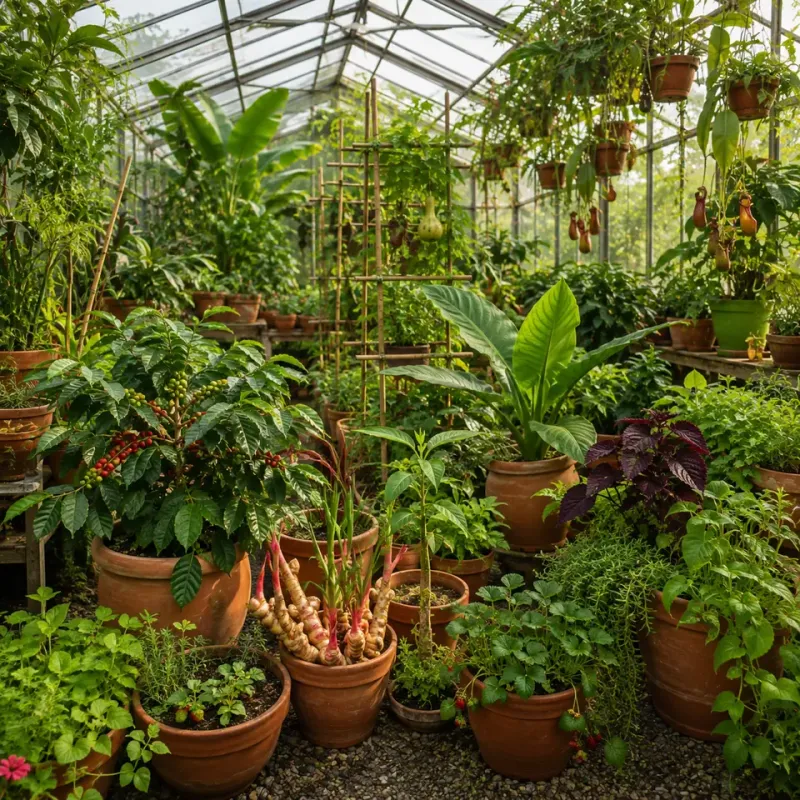 Ginger plants and harvested rhizomes arranged inside a productive greenhouse