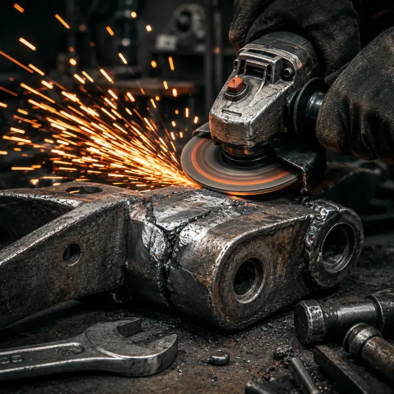 Angle grinder restoring a worn industrial metal component