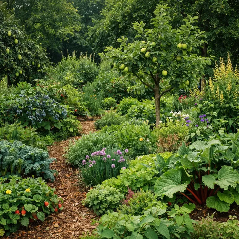 Mixed orchard canopy above a biodiverse herbaceous understory