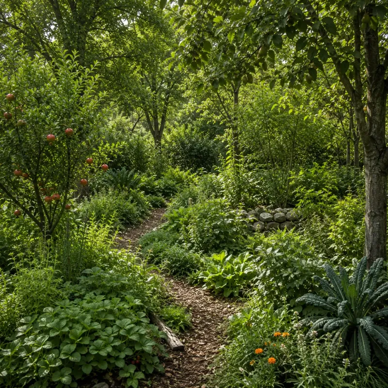 Perennial vegetables and flowering companions arranged beneath orchard trees