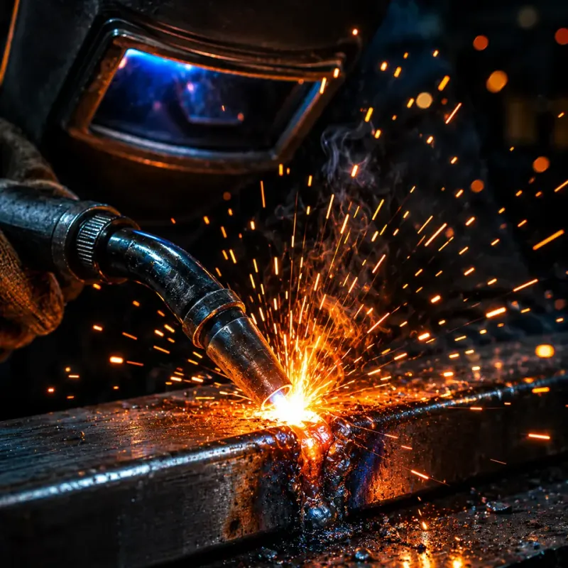 Close view of a bright welding arc joining steel