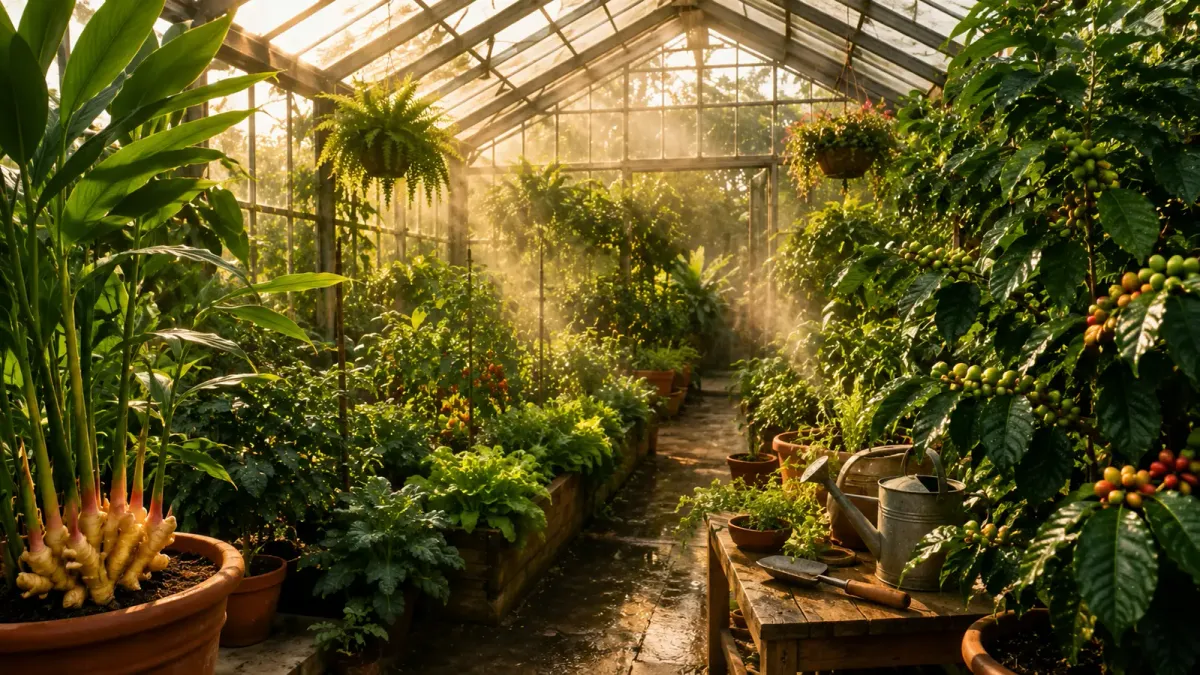 Narrow greenhouse growing aisle bordered by coffee plants and fresh crops