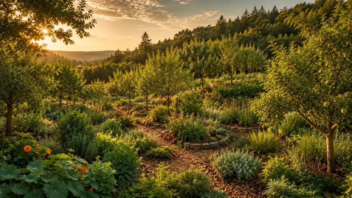 Wide food forest orchard at golden hour with layered perennial plantings