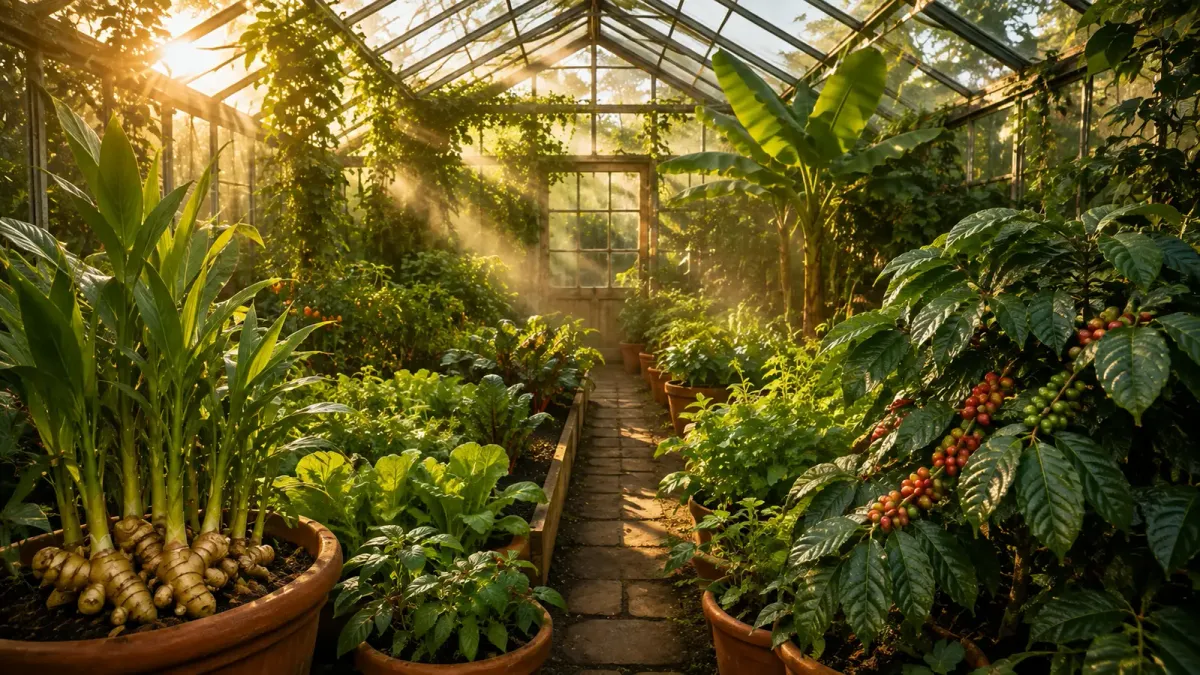 Sunlit greenhouse aisle filled with ginger, coffee, and tropical food crops
