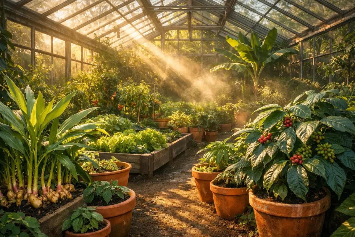Warm sunlight crossing a greenhouse filled with vegetables and tropical plants