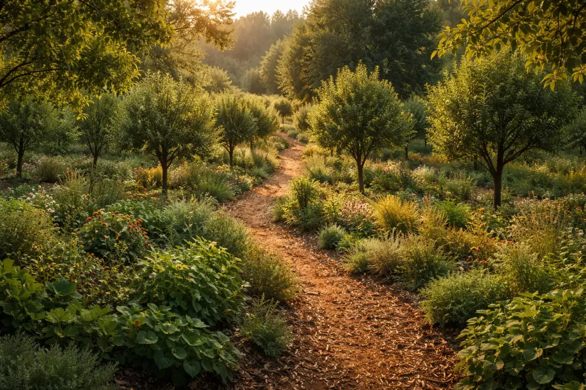 Orchard path crossing a dense edible understory beneath mature trees