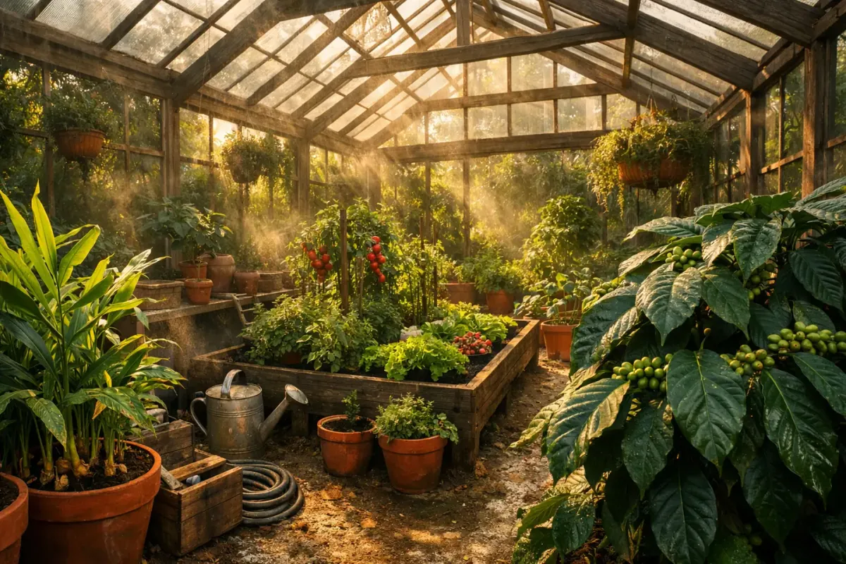 Working greenhouse with hand tools, irrigation hose, and mature plantings