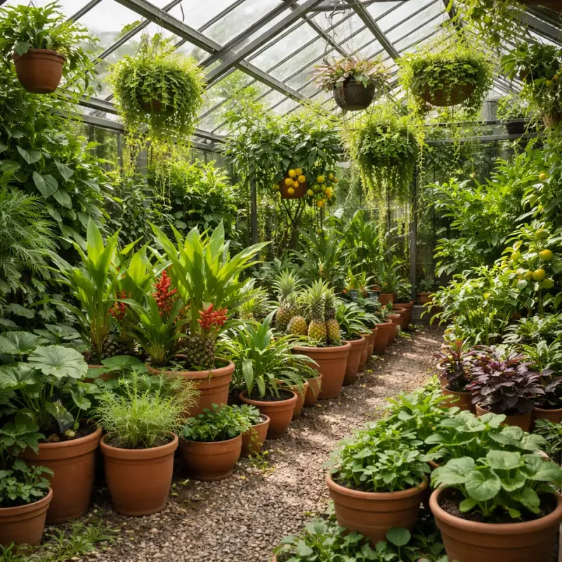 Dense collection of specialty crops growing in terracotta pots and raised beds