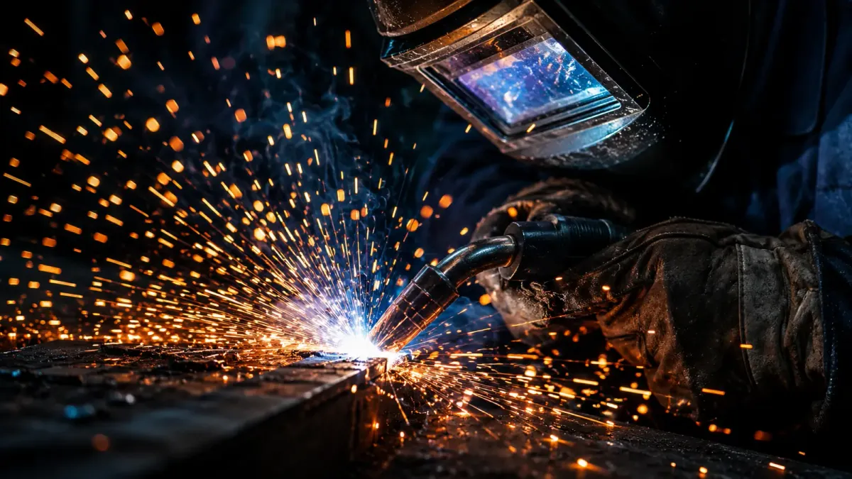 Welder working on a large steel assembly as sparks cross the workshop